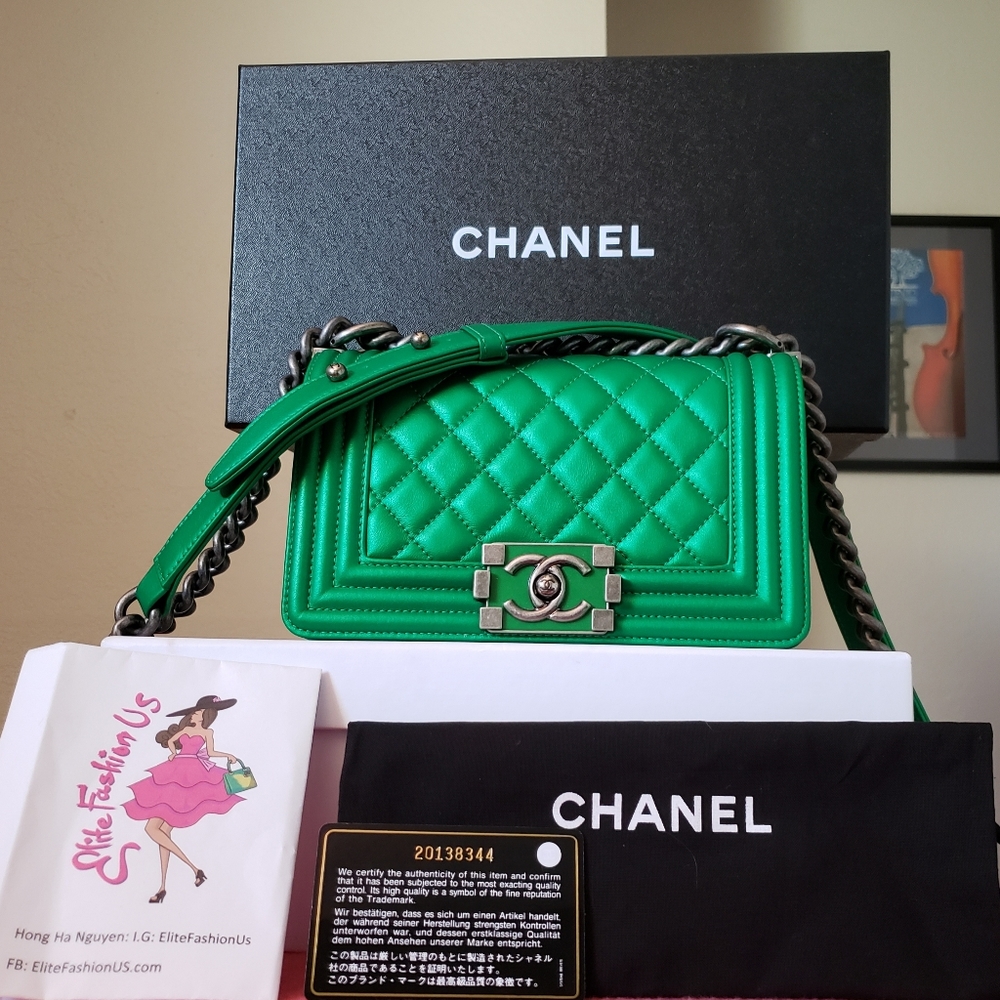 Chanel boy metallic green lambskin small bag